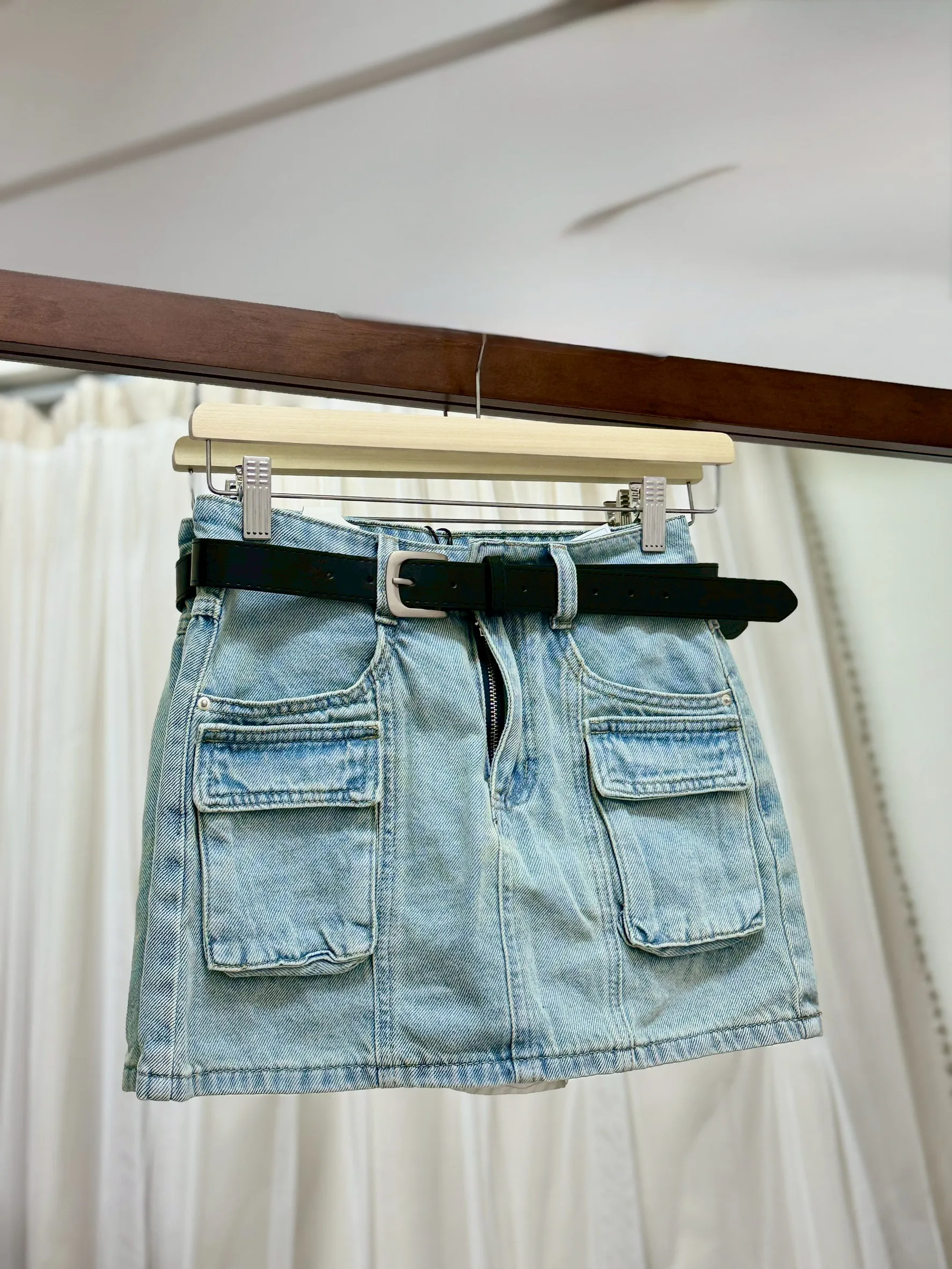 美式復古－美式復古工裝口袋半身裙＋腰帶