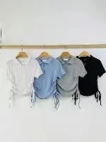 正韓翻領拉鍊側抓皺綁帶上衣