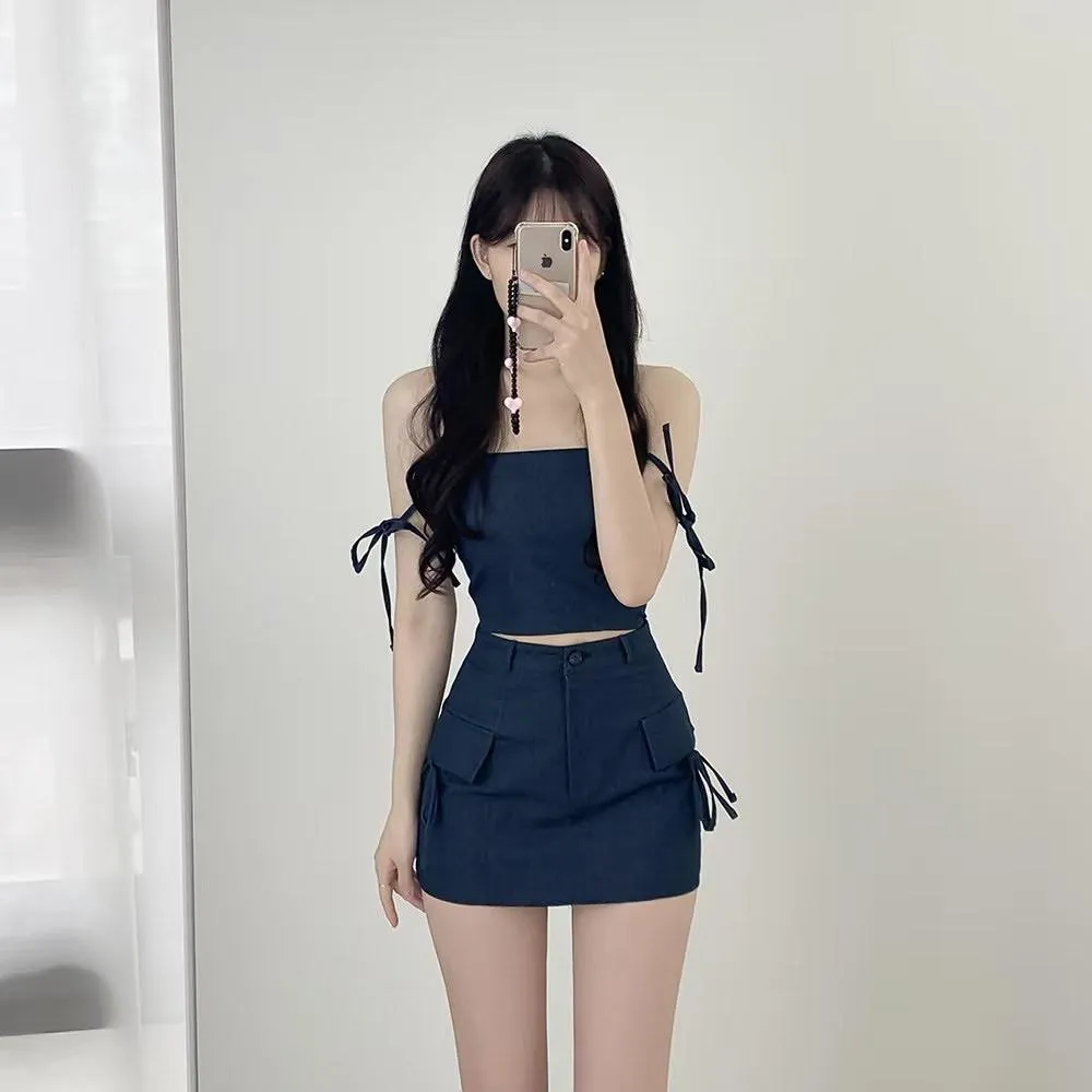 正韓雙綁帶牛仔套裝