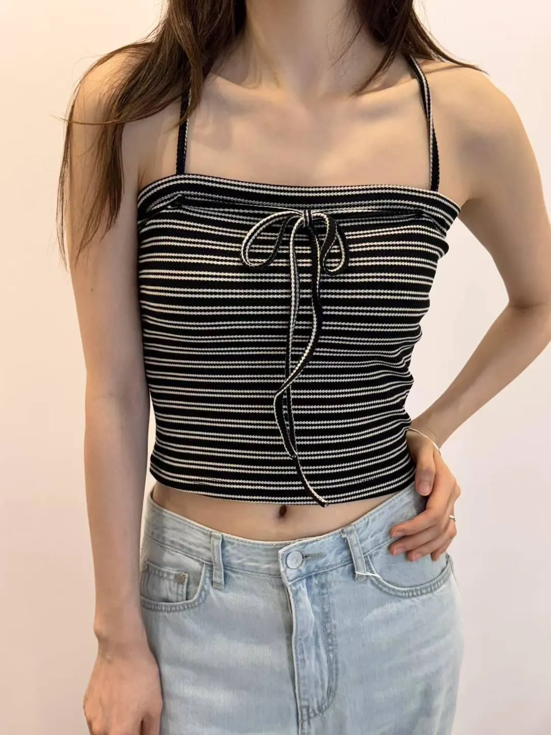 正韓褶皺條紋針織吊帶蝴蝶結層背心