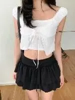 正韓蕾絲邊綁帶短袖罩衫