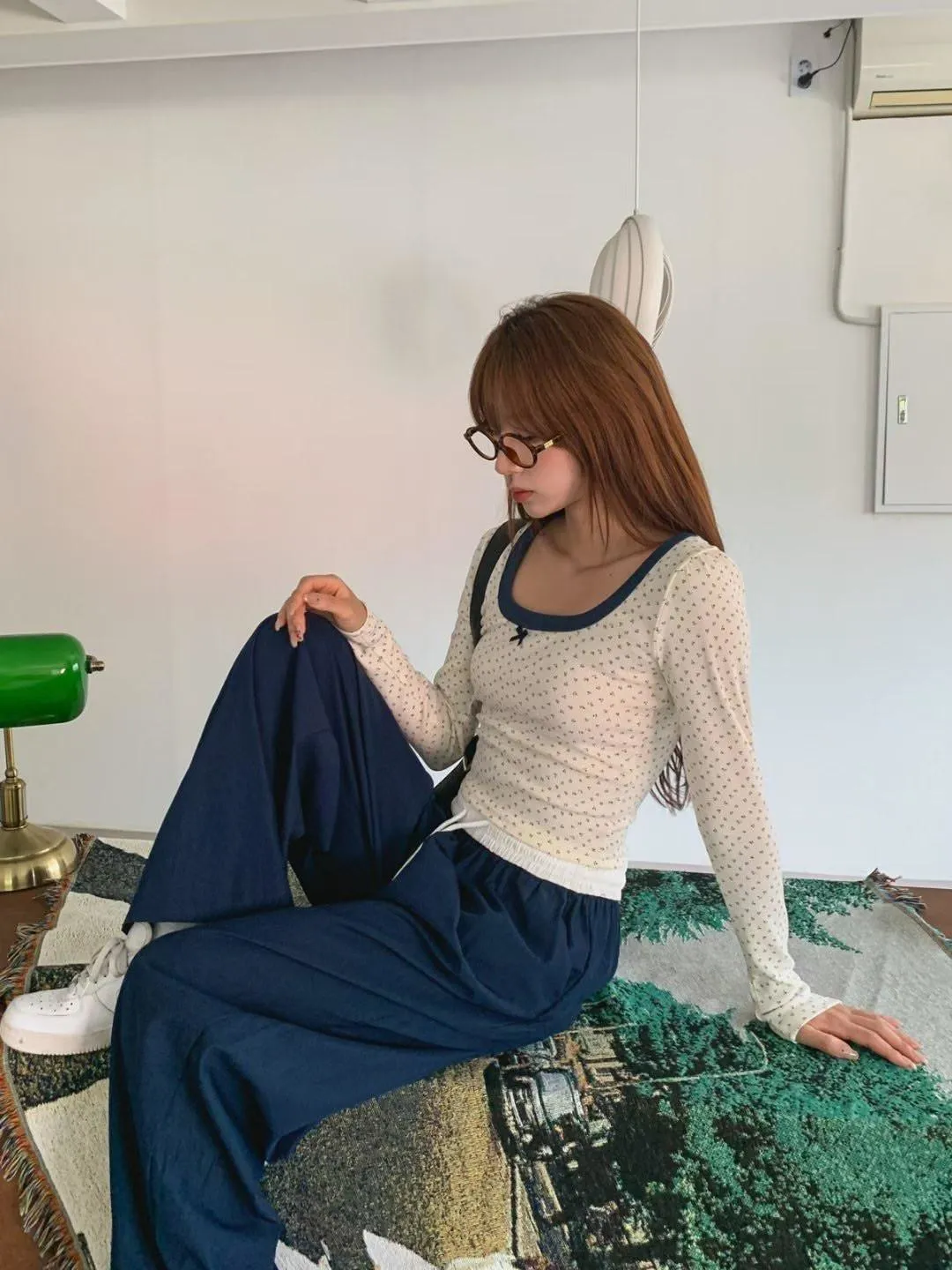 正韓雙拼小碎花修身上衣