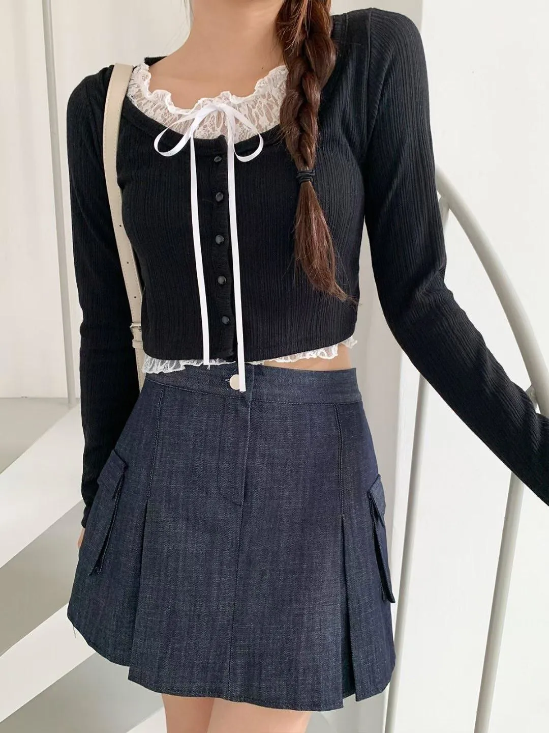 正韓蕾絲針織假兩件上衣