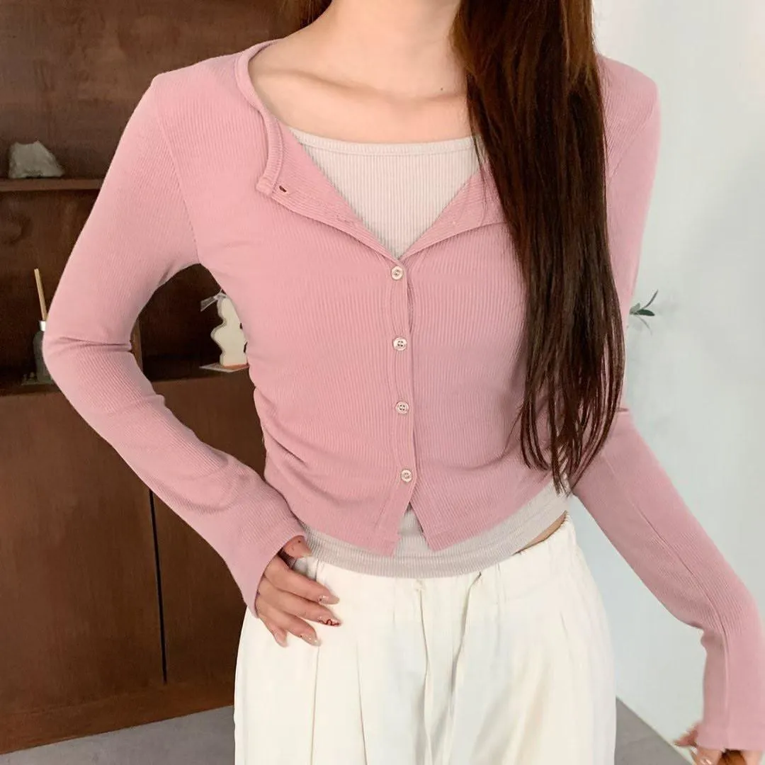 正韓拼色背心假兩件開衫