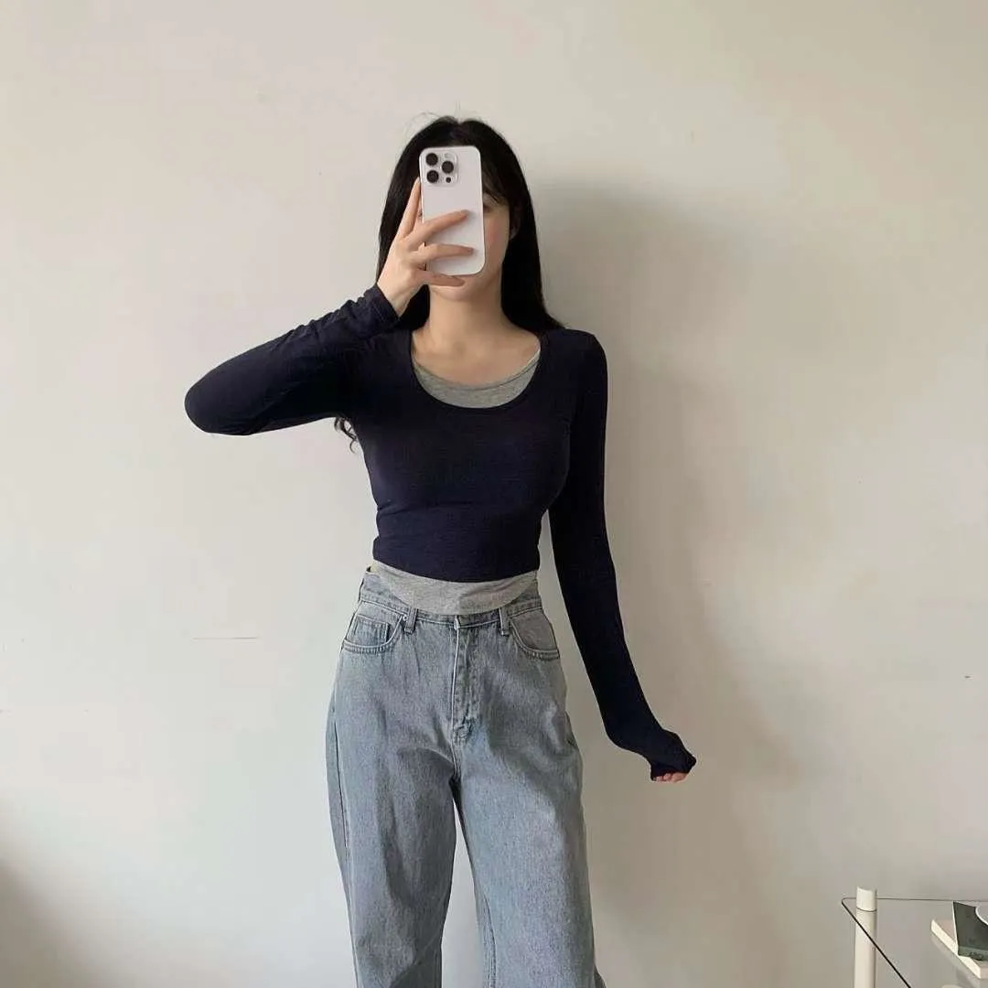 正韓拼接層次假兩件上衣