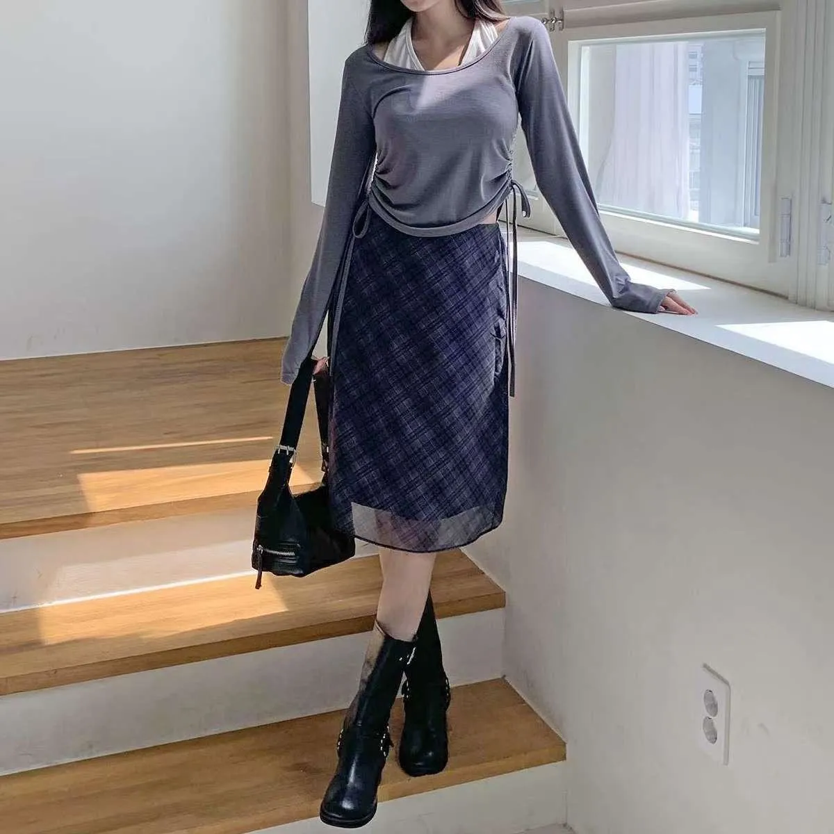 正韓假兩件側抓皺掛脖上衣