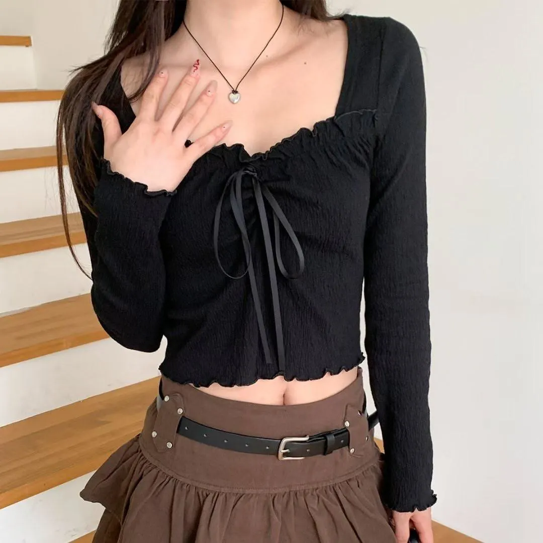 正韓修身木耳邊方領蝴蝶結上衣