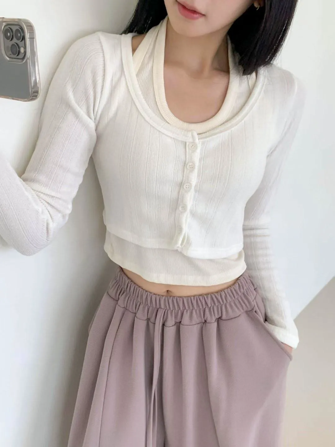 正韓掛脖假兩件層疊上衣