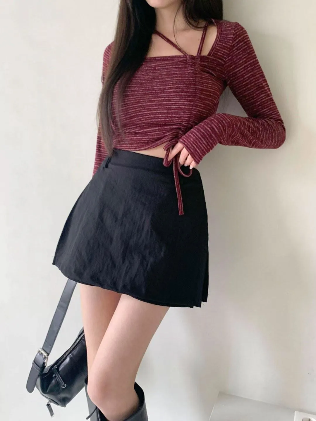 正韓綁帶伸縮不規則修身上衣