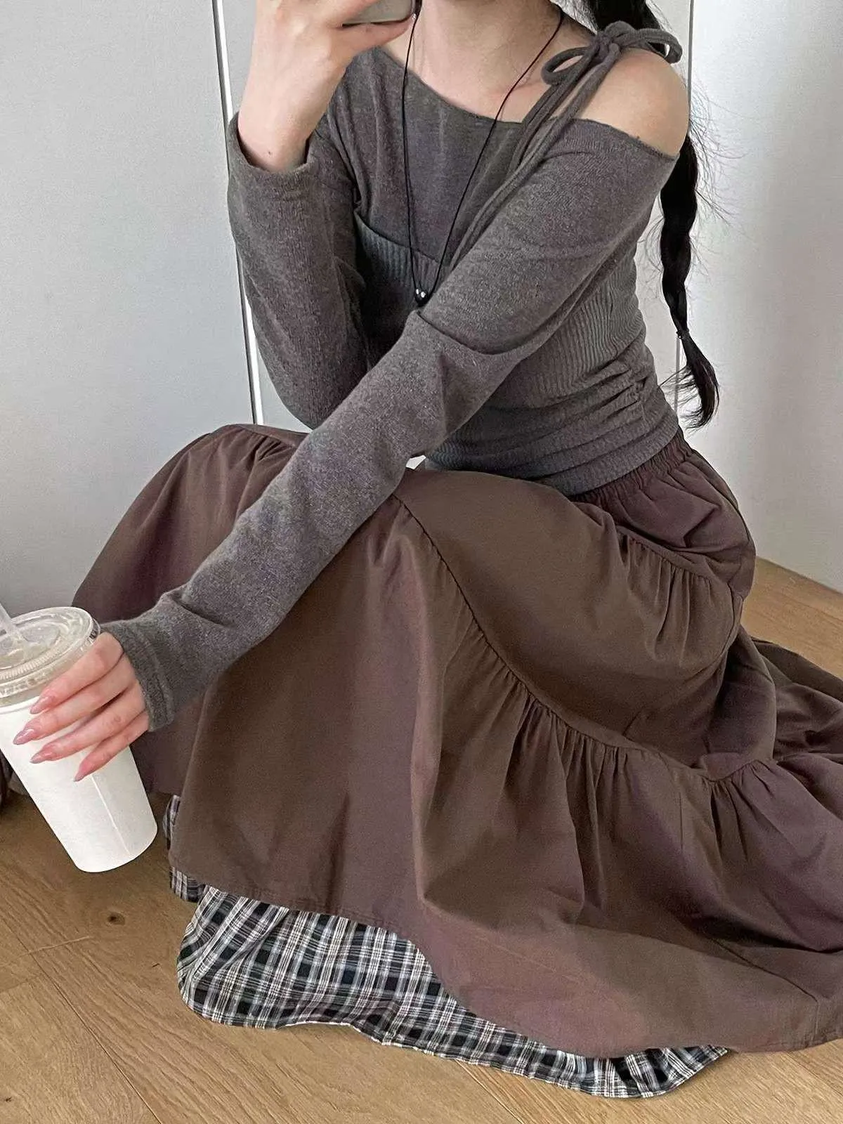 正韓露肩針織假兩件上衣