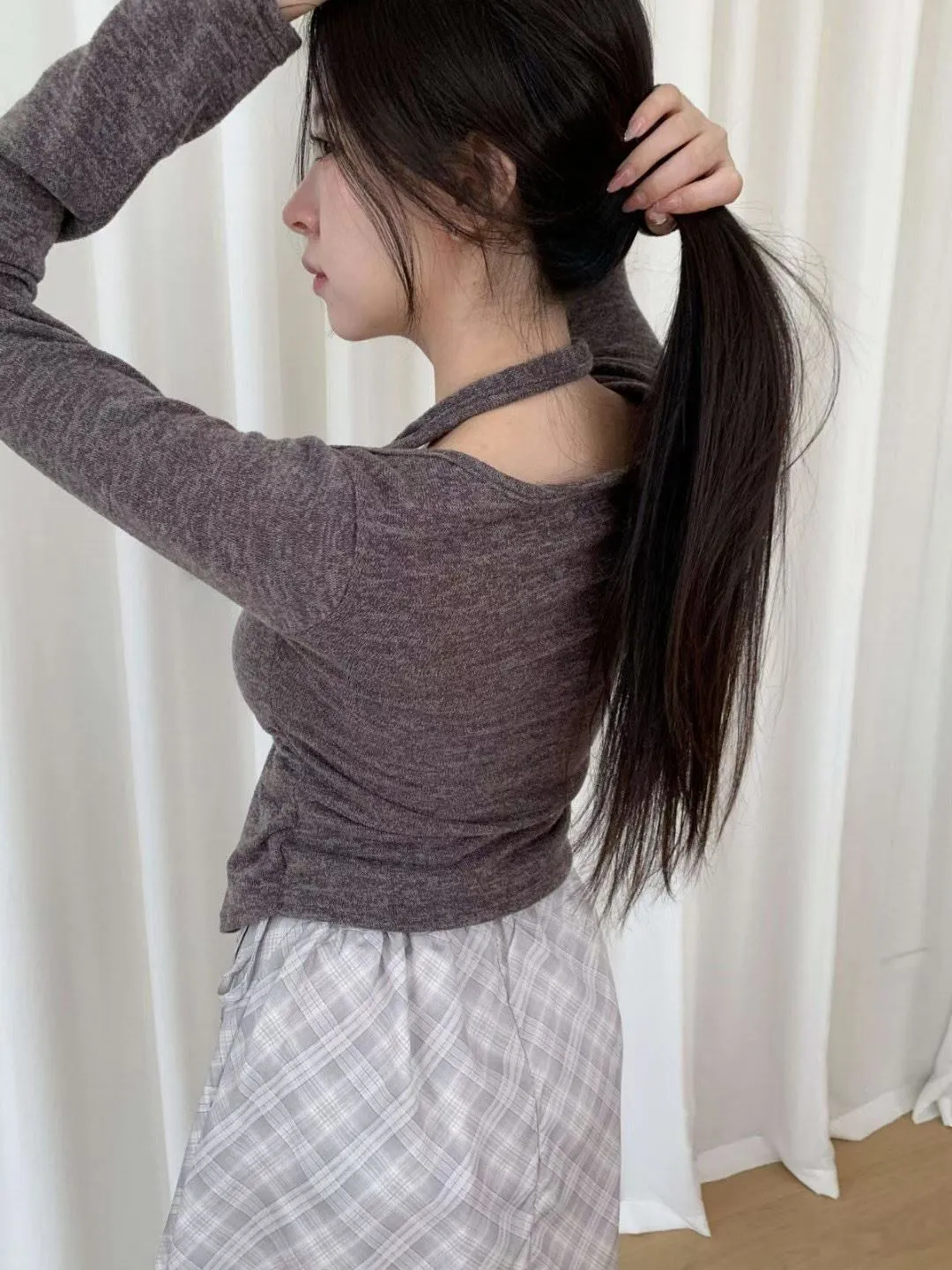 正韓掛脖針織鈕扣假兩件上衣