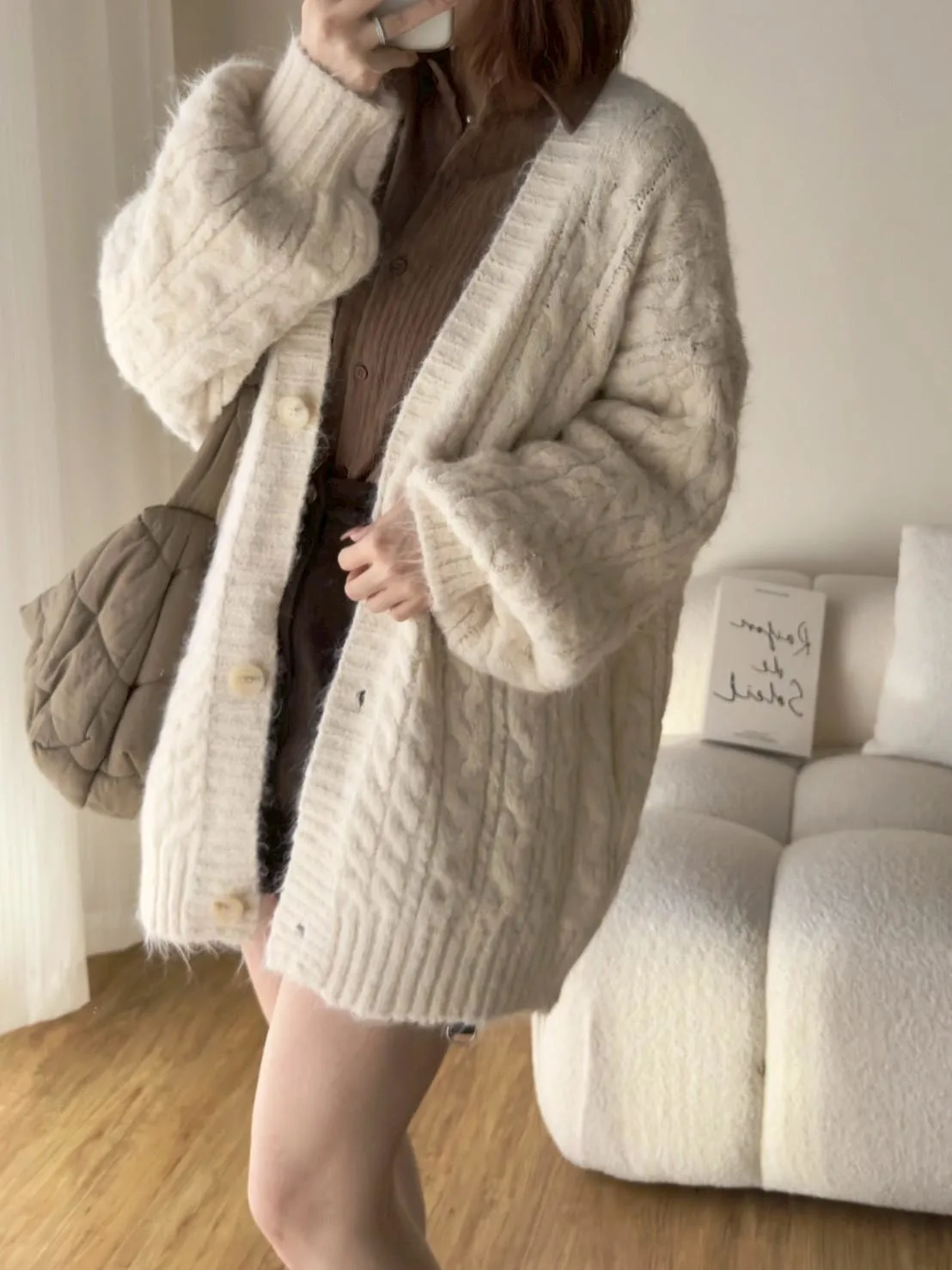 大版花苞袖麻花針織外套