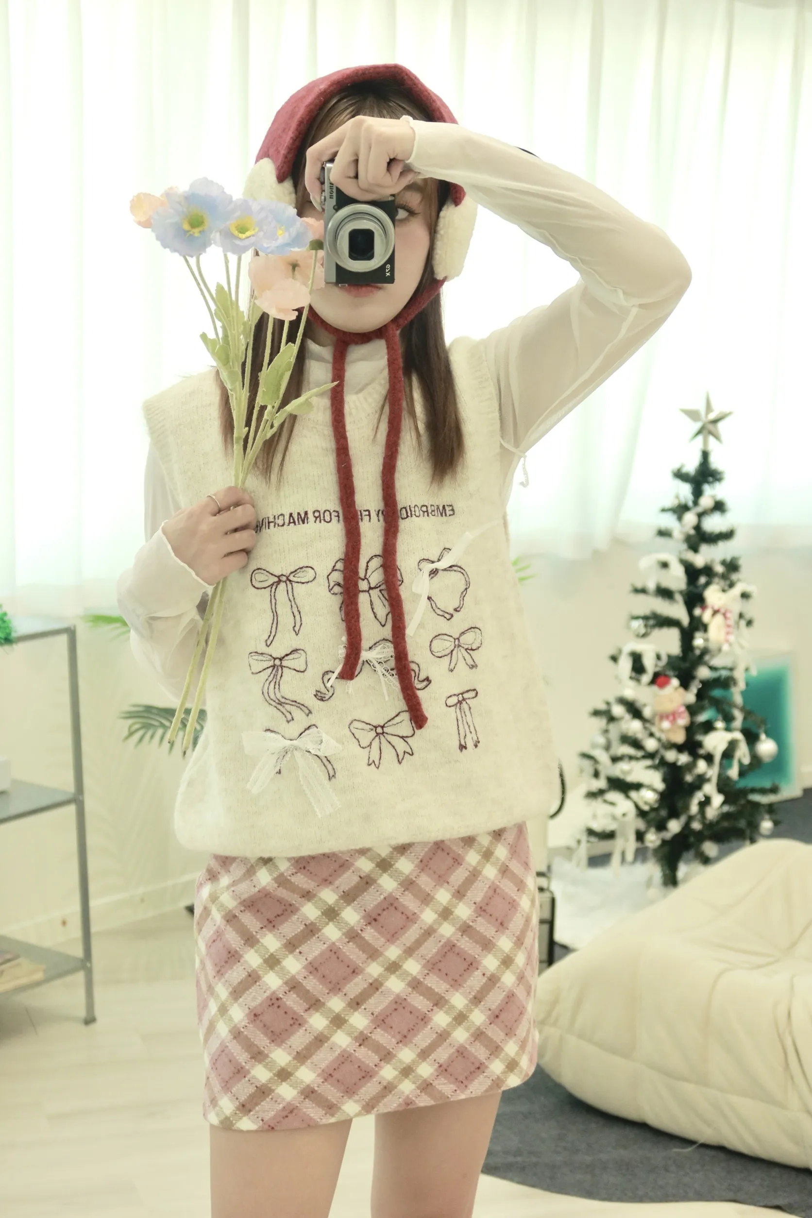 粉色甜辣毛呢格紋半身裙