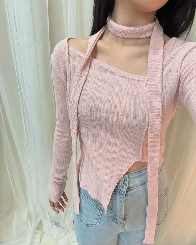 正韓氣質溫柔掛脖不規則下擺上衣