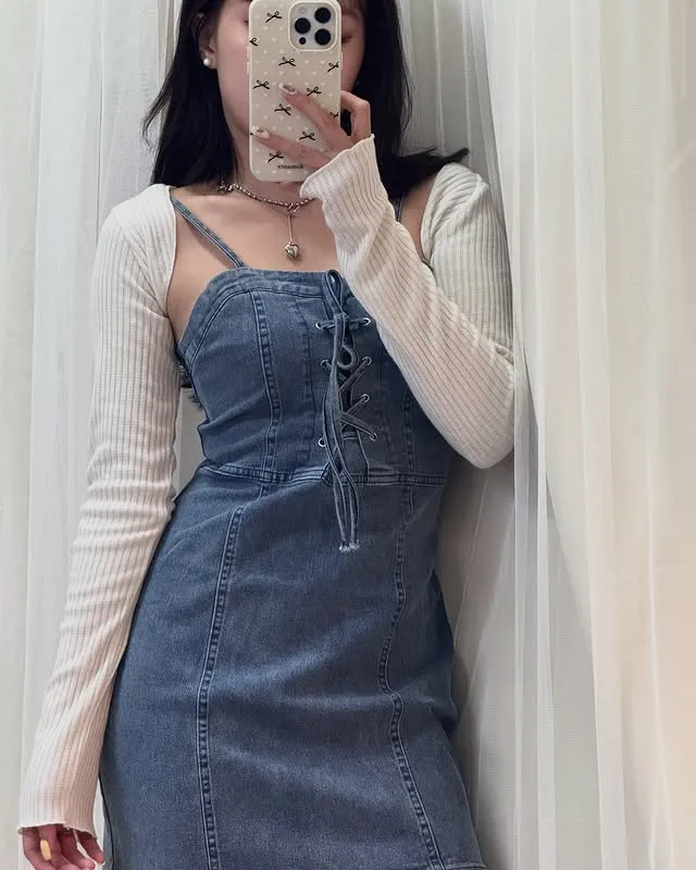 正韓彈力牛仔綁繩洋裝