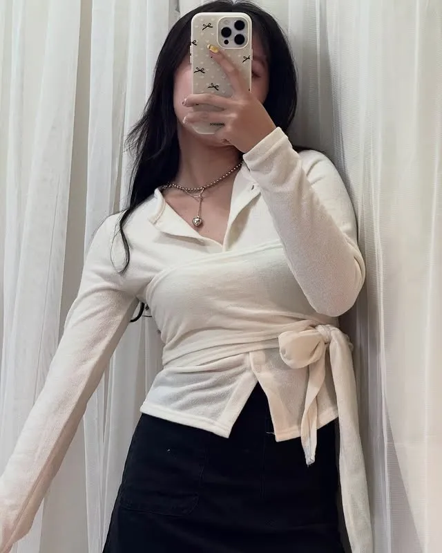 正韓裹身鈕扣緞帶長袖上衣