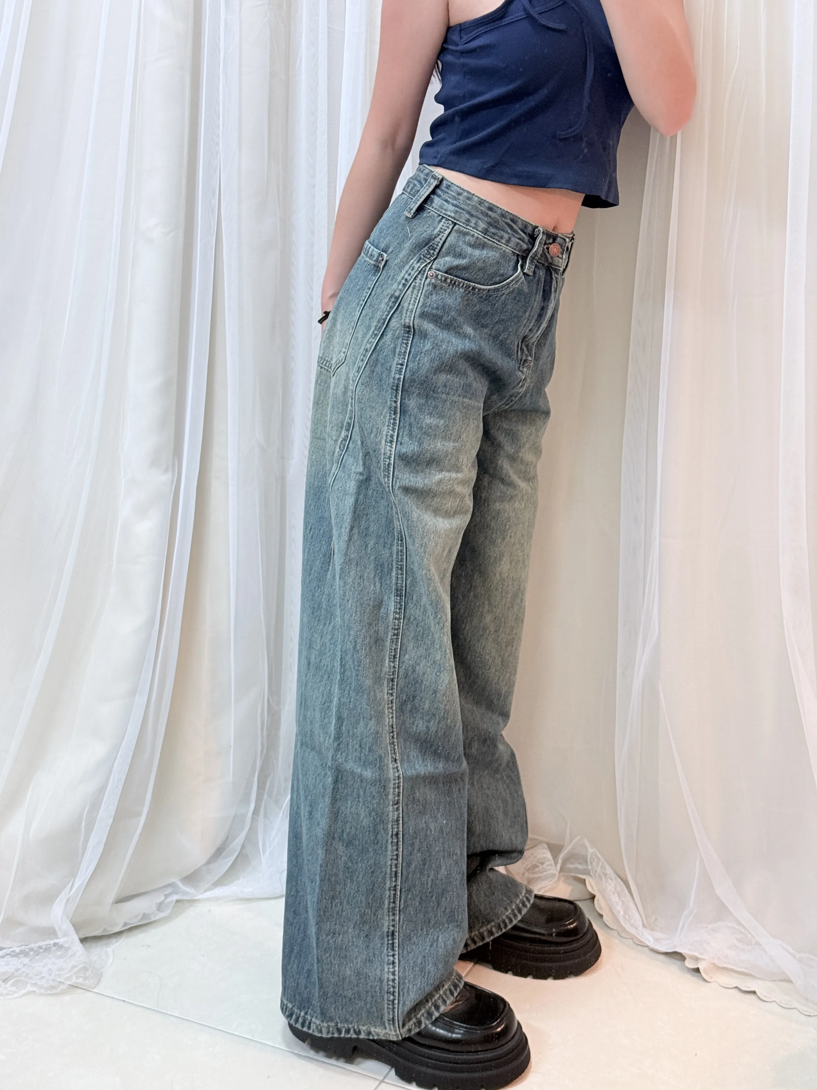 大腿藏匿術-顯瘦刷色高腰錐形寬褲