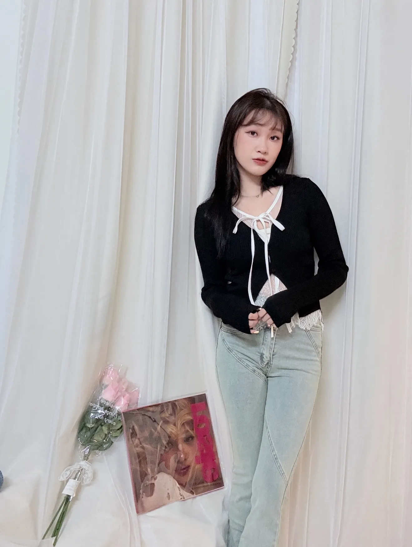 Threads爆紅-假兩件蕾絲拼接針織開衫氛圍感上衣