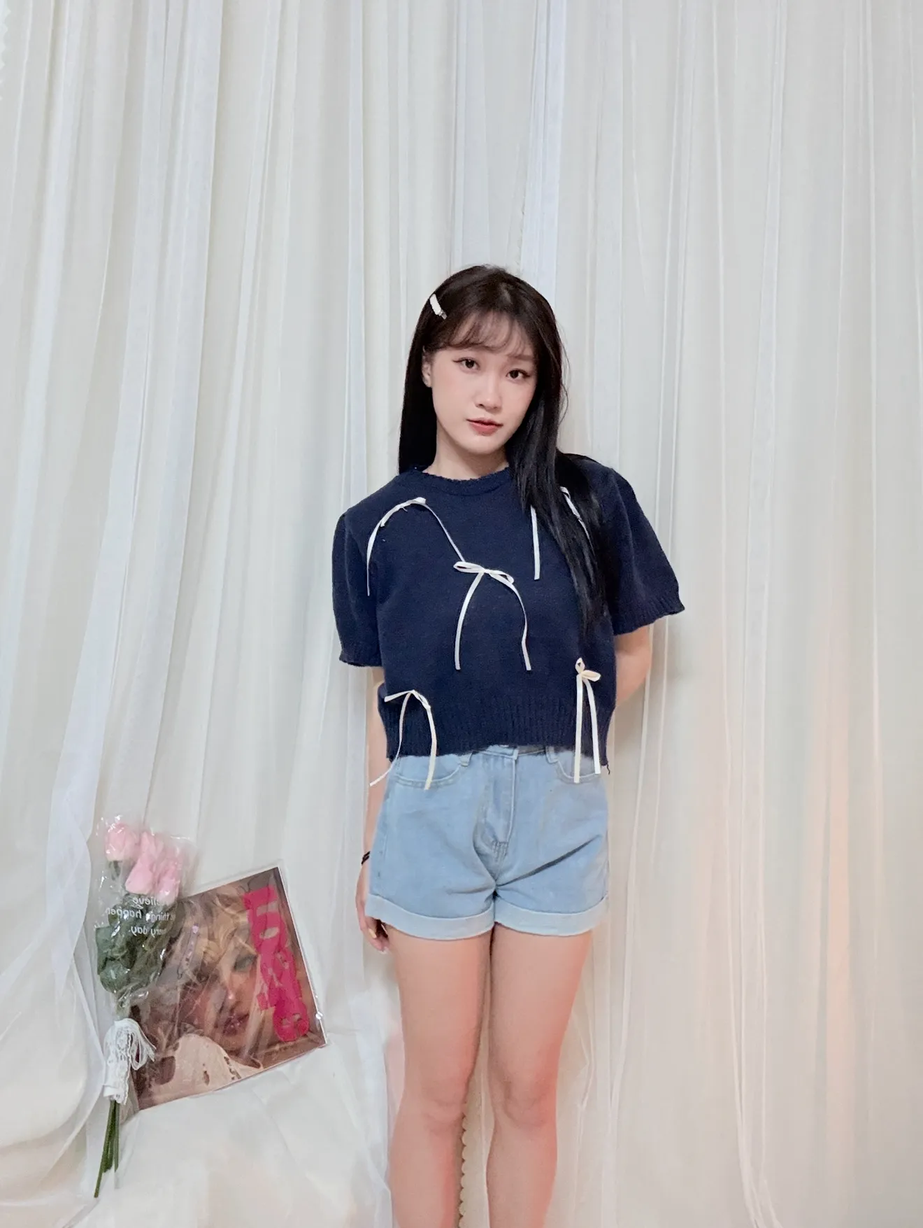 公主氣質-蝴蝶結甜美短款針織短袖上衣