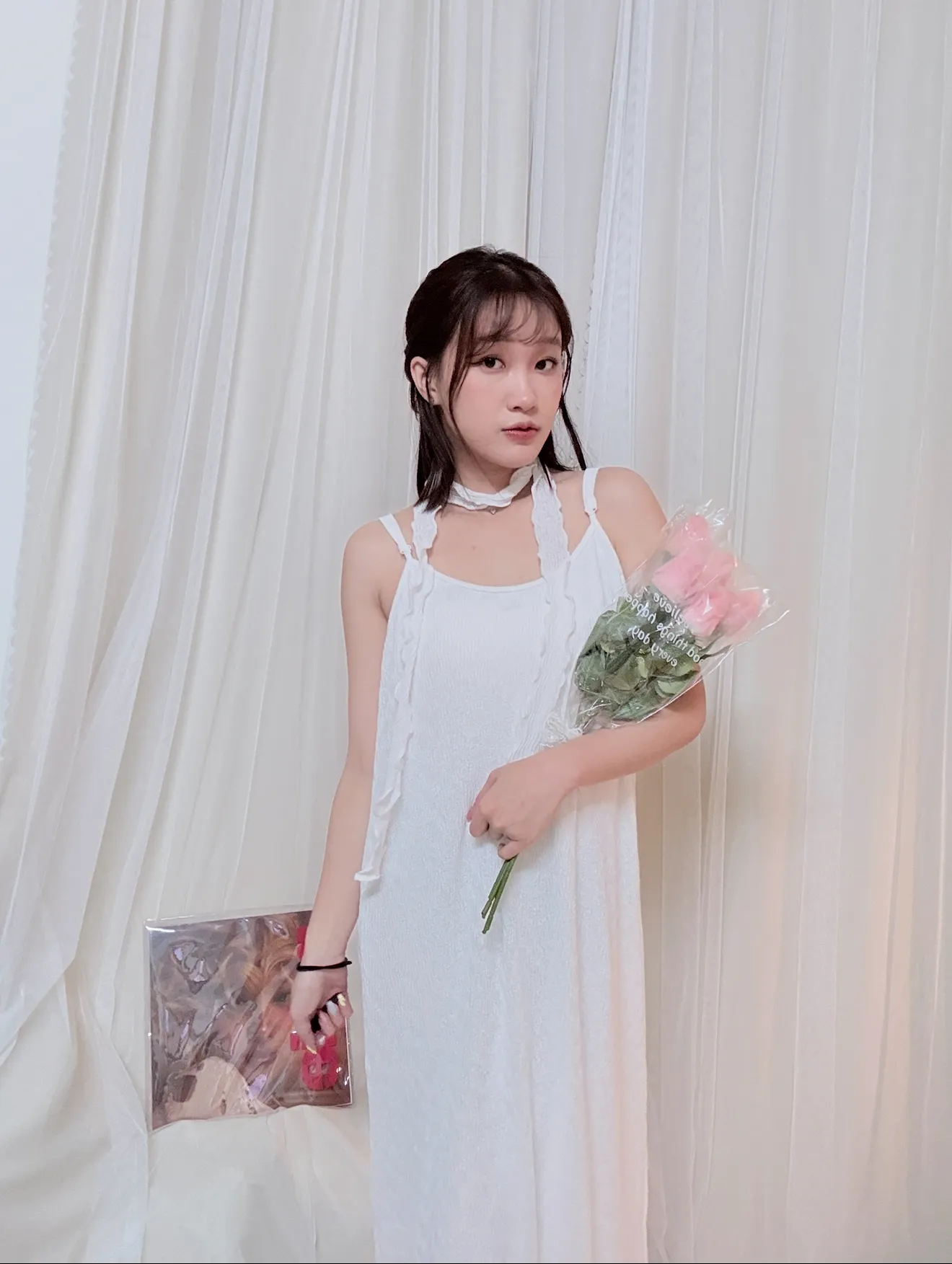 仙女必備-細肩捲捲絲帶水波紋洋裝