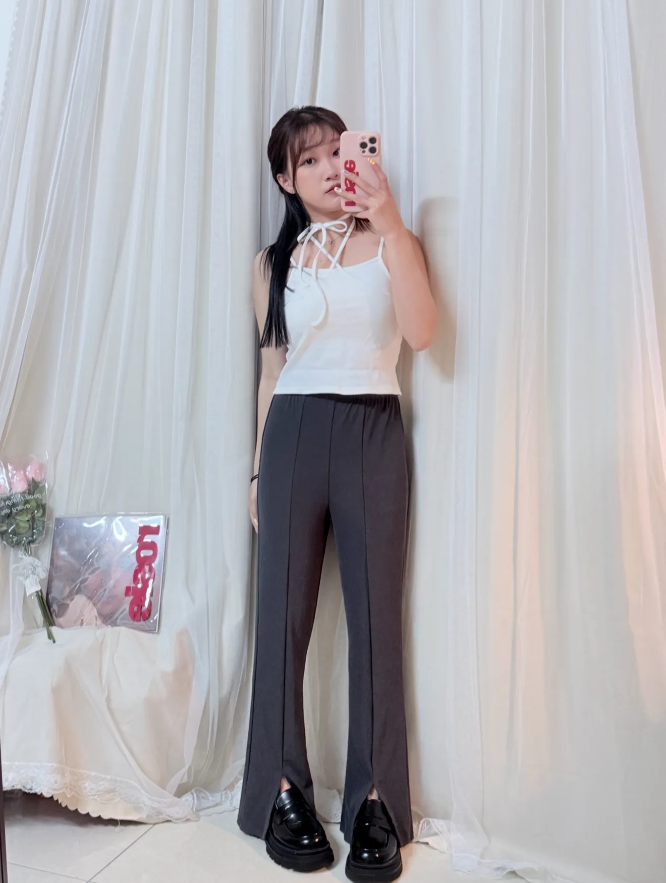 超級顯瘦-開衩微喇叭長褲