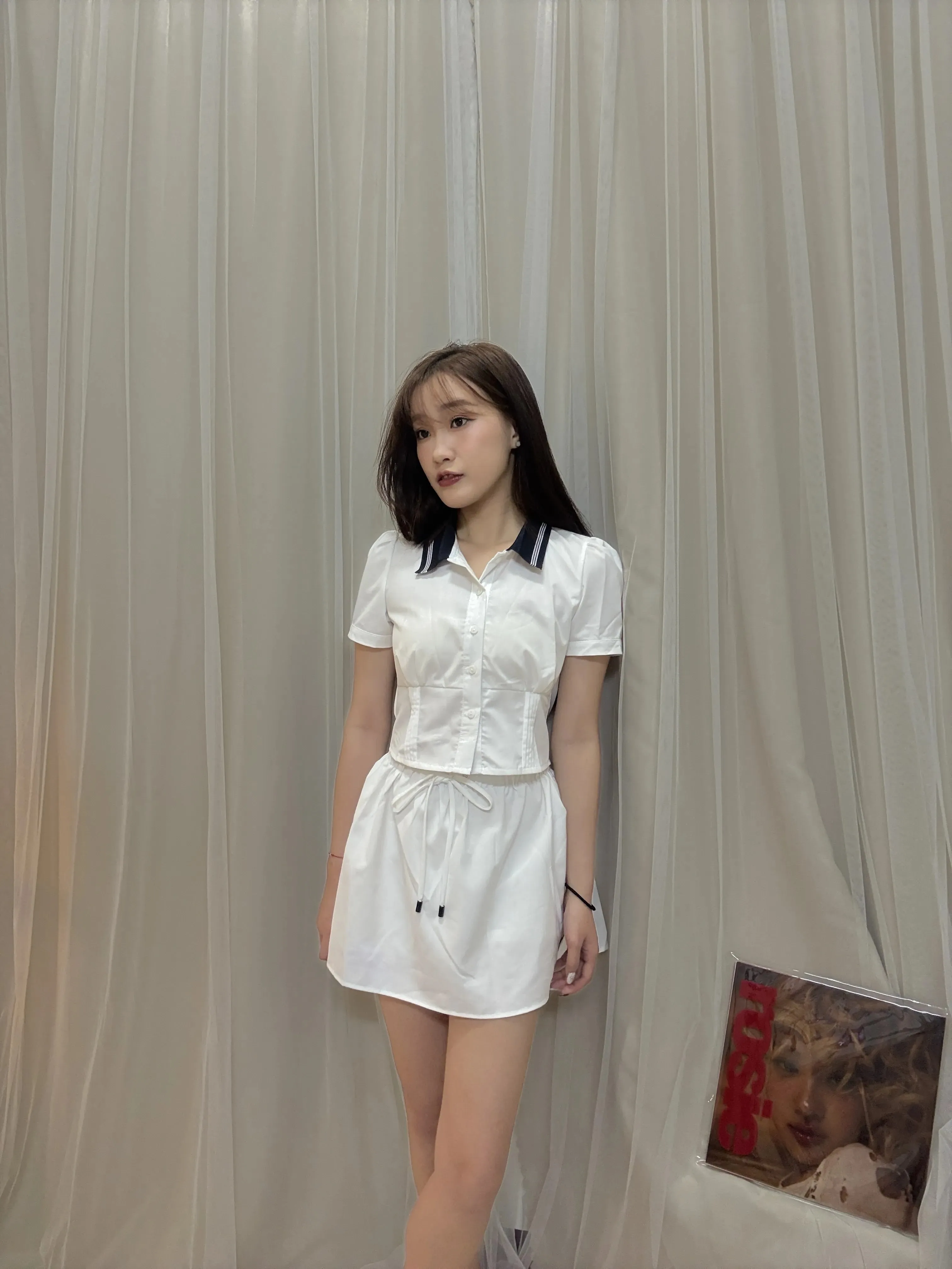 學院少女風-顯瘦短款百搭短袖襯衫上衣+休閒短裙半身裙套裝