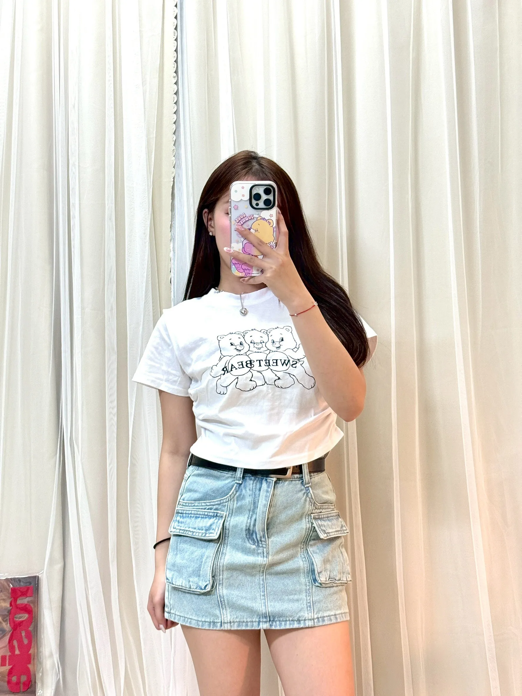 不透白T-正韓側抓皺彩虹熊上衣