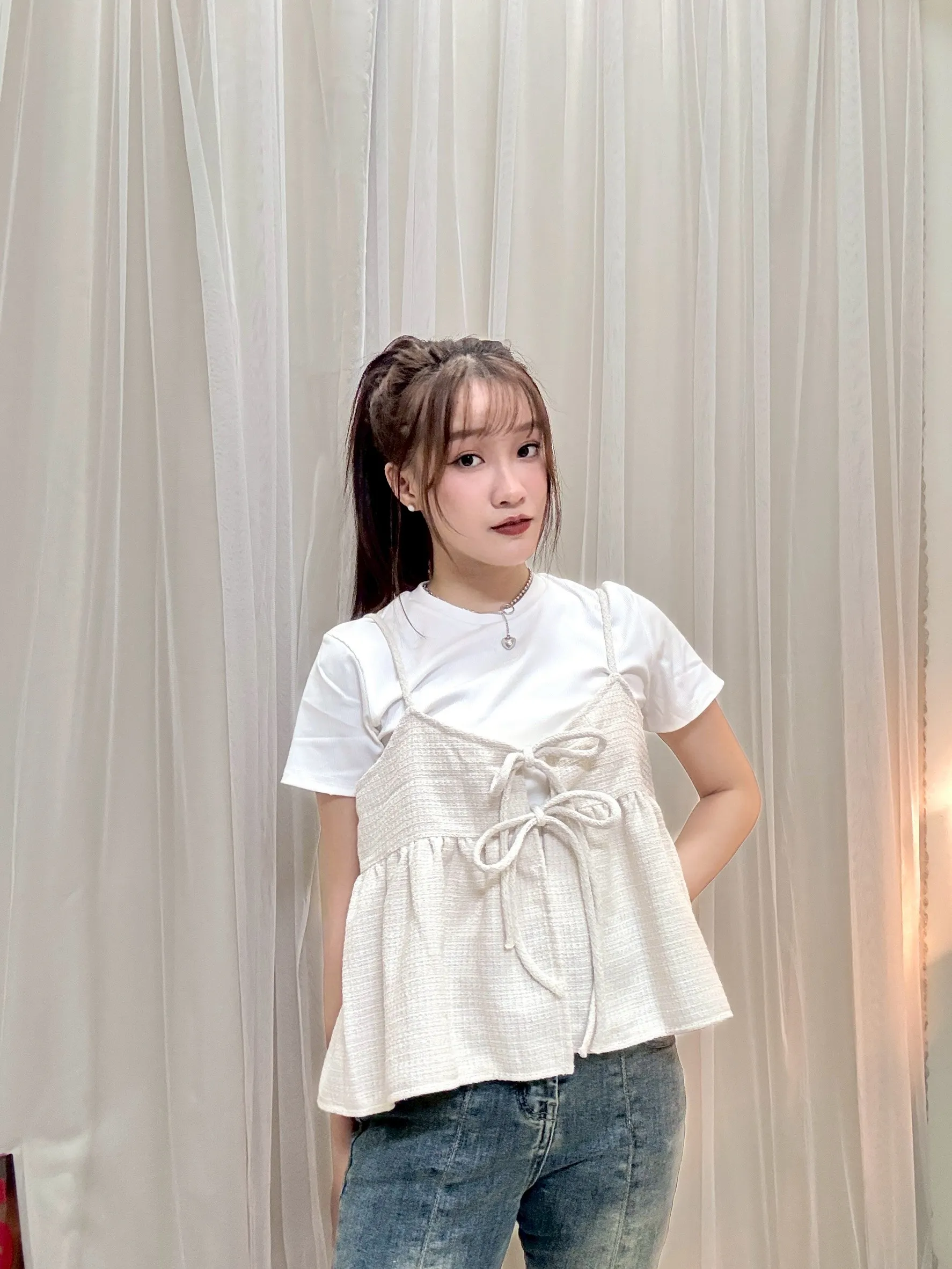 日系疊穿-細肩小香格紋雙綁帶背心