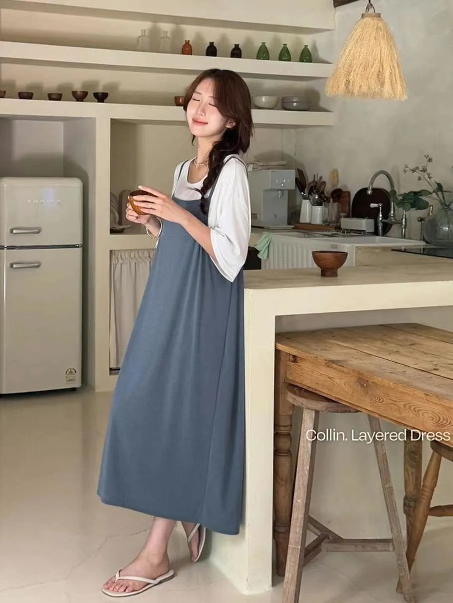 正韓慵懶自在的兩件式細肩長洋