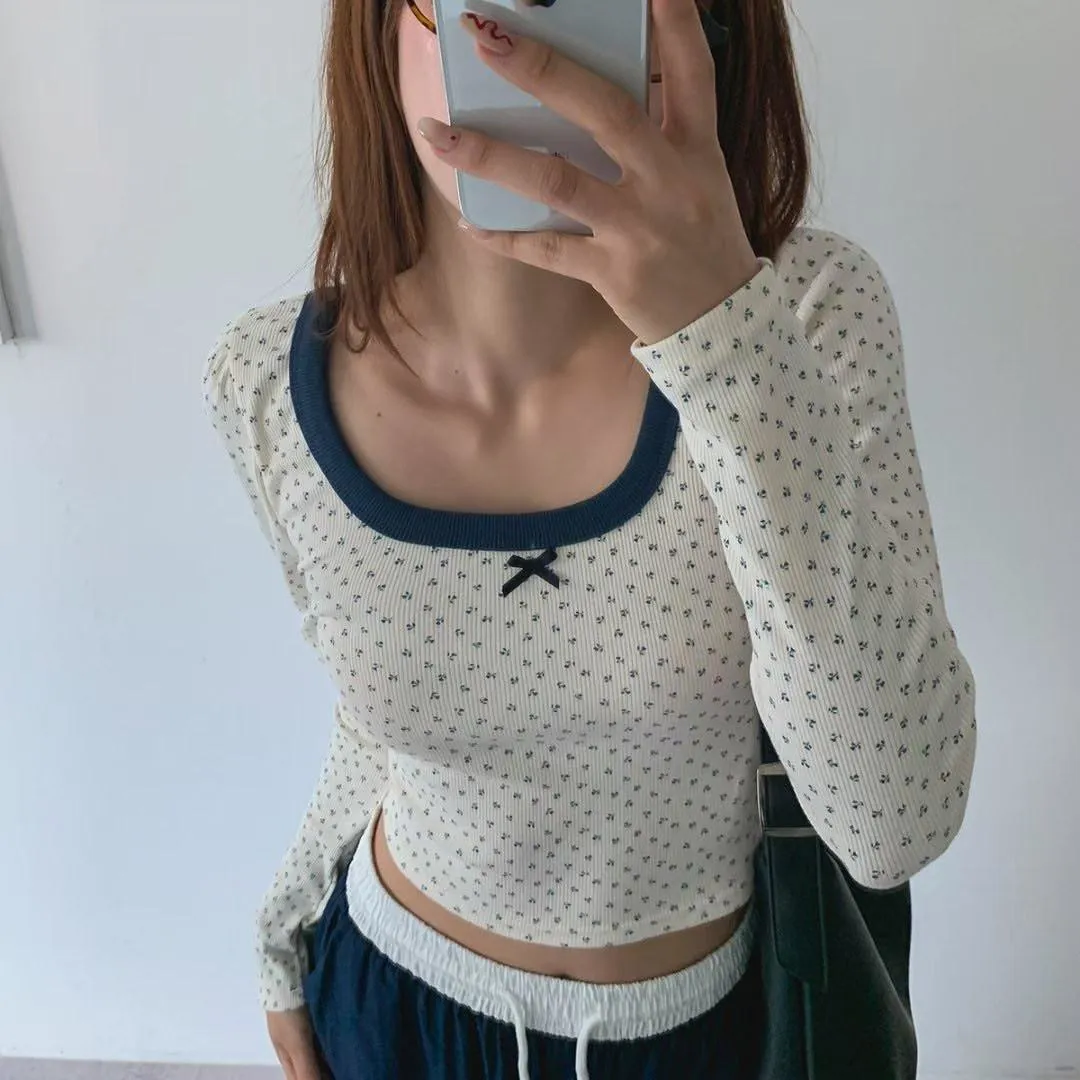 正韓雙拼小碎花修身上衣