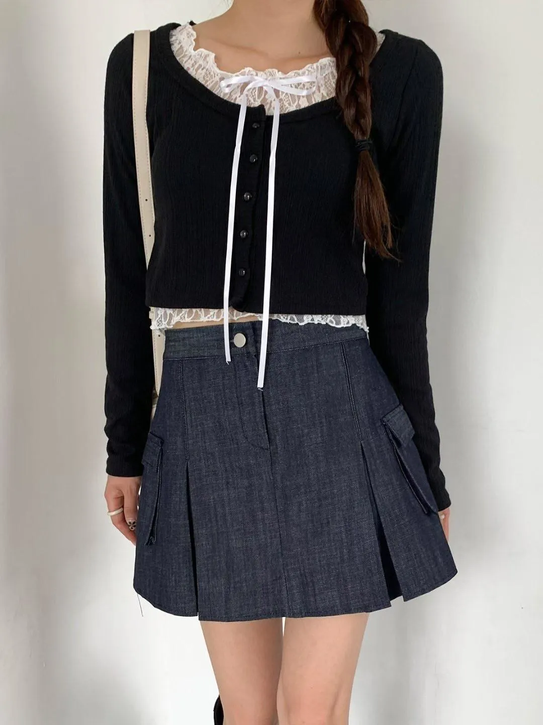 正韓蕾絲針織假兩件上衣