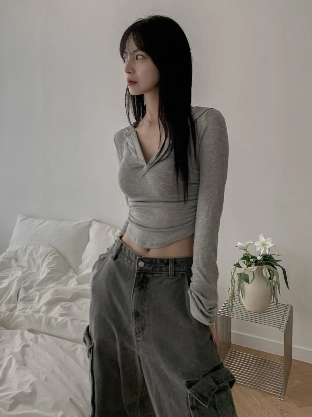 正韓側抓皺連帽超顯瘦上衣