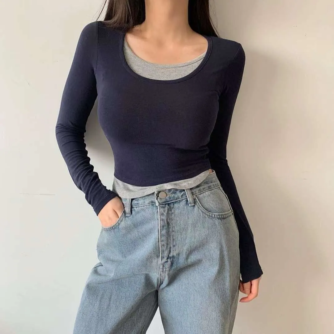 正韓拼接層次假兩件上衣