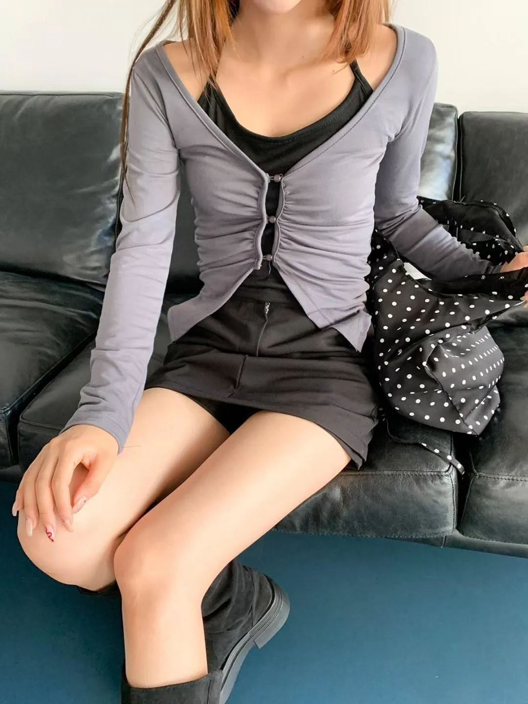 正韓假兩件Y2K掛脖褶皺上衣