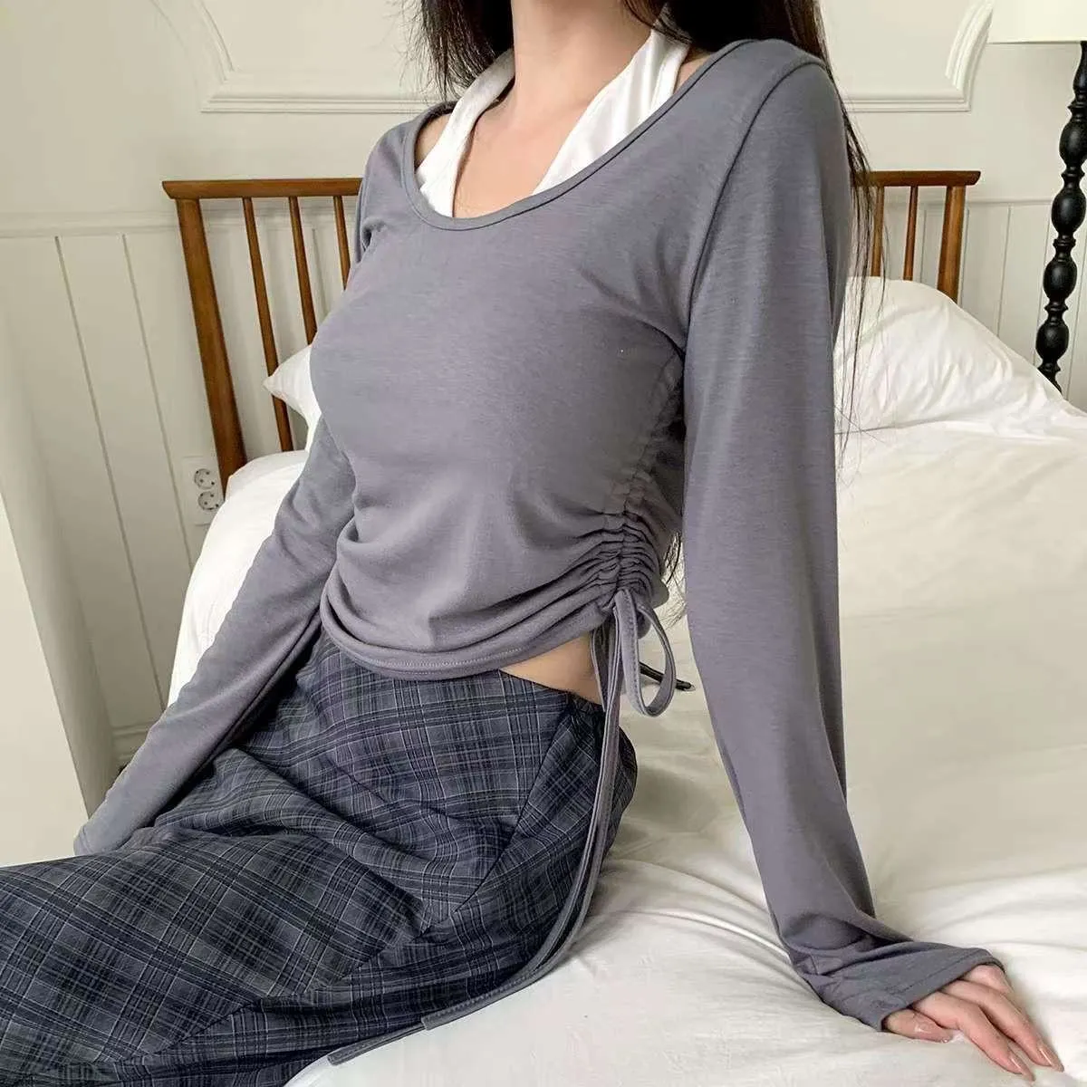 正韓假兩件側抓皺掛脖上衣