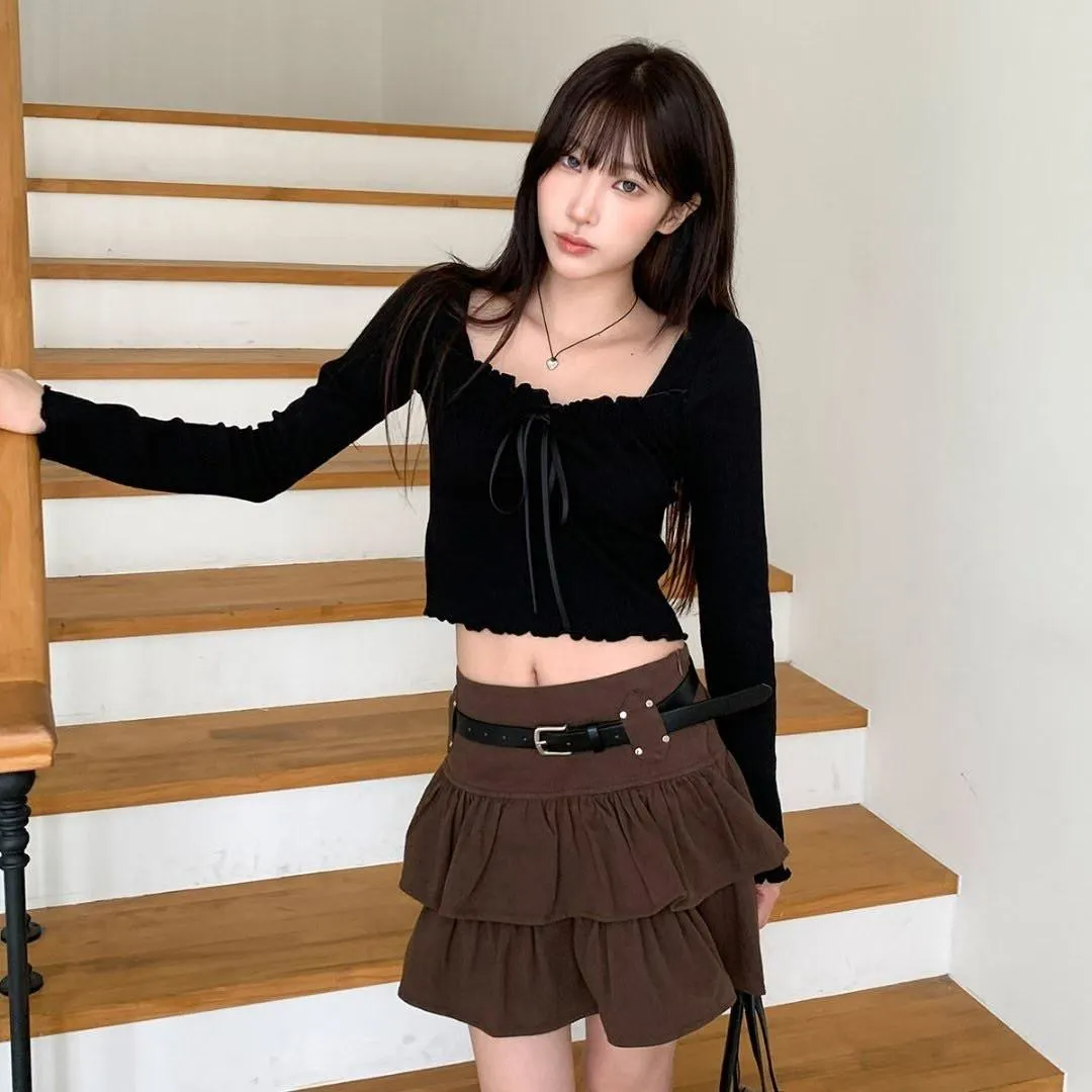 正韓修身木耳邊方領蝴蝶結上衣