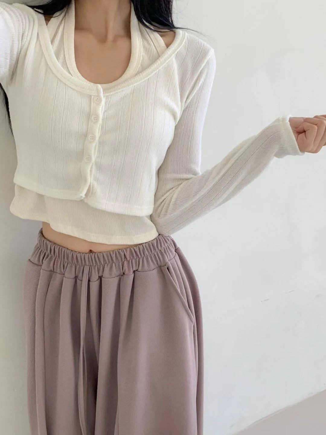 正韓掛脖假兩件層疊上衣