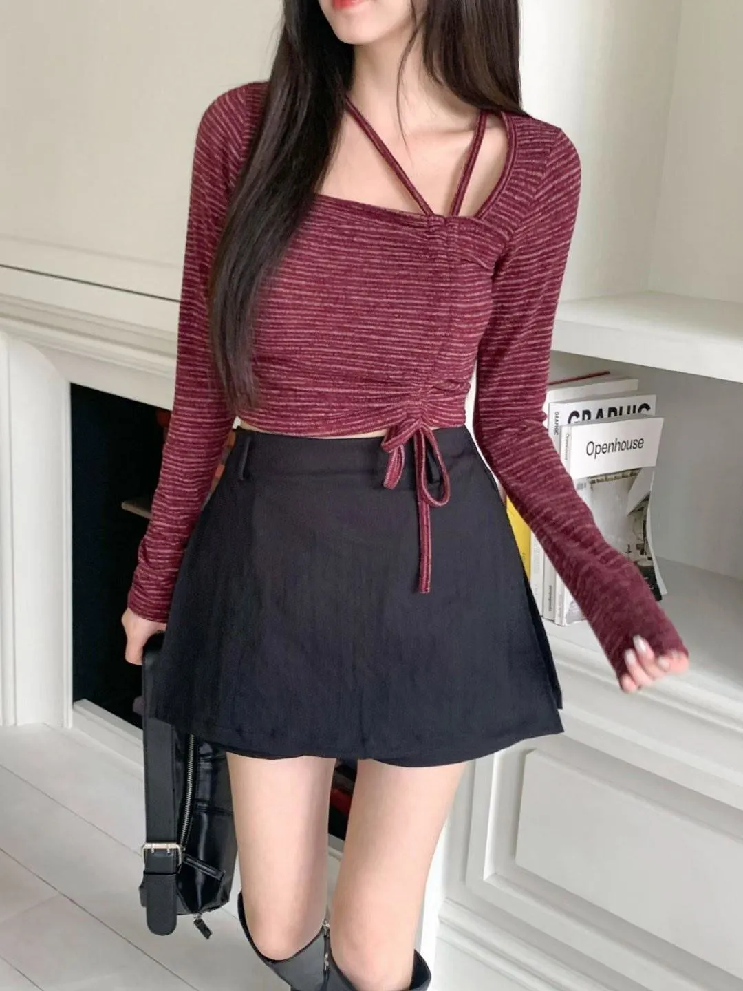 正韓綁帶伸縮不規則修身上衣