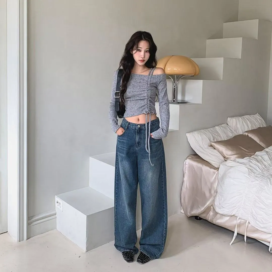 正韓露肩線條綁帶針織上衣