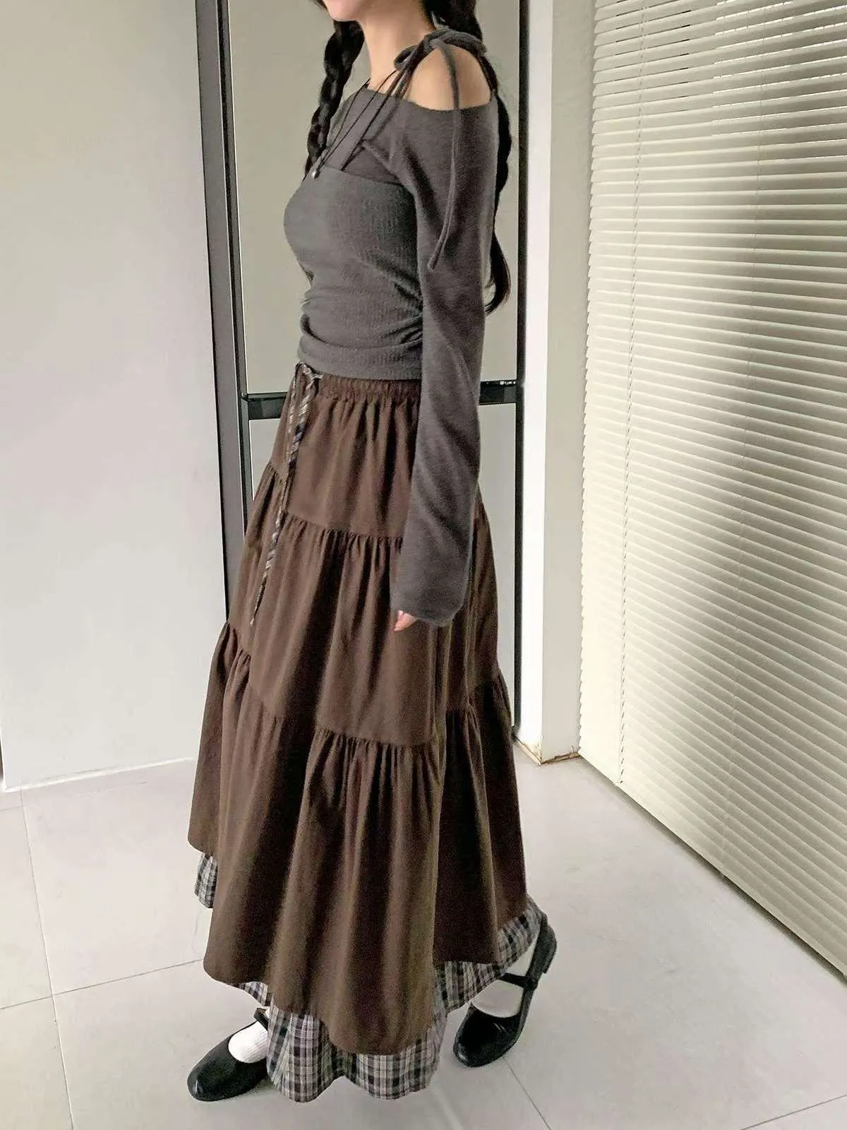 正韓露肩針織假兩件上衣