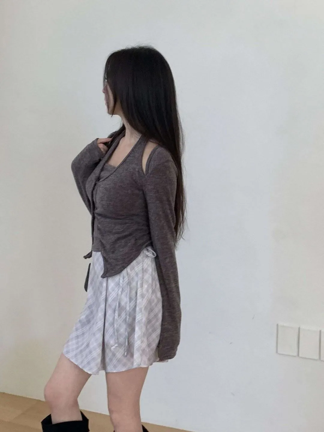 正韓掛脖針織鈕扣假兩件上衣