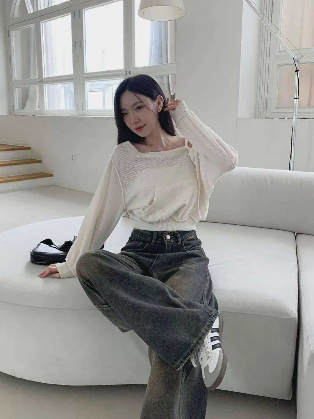 正韓露肩休閒大口袋上衣