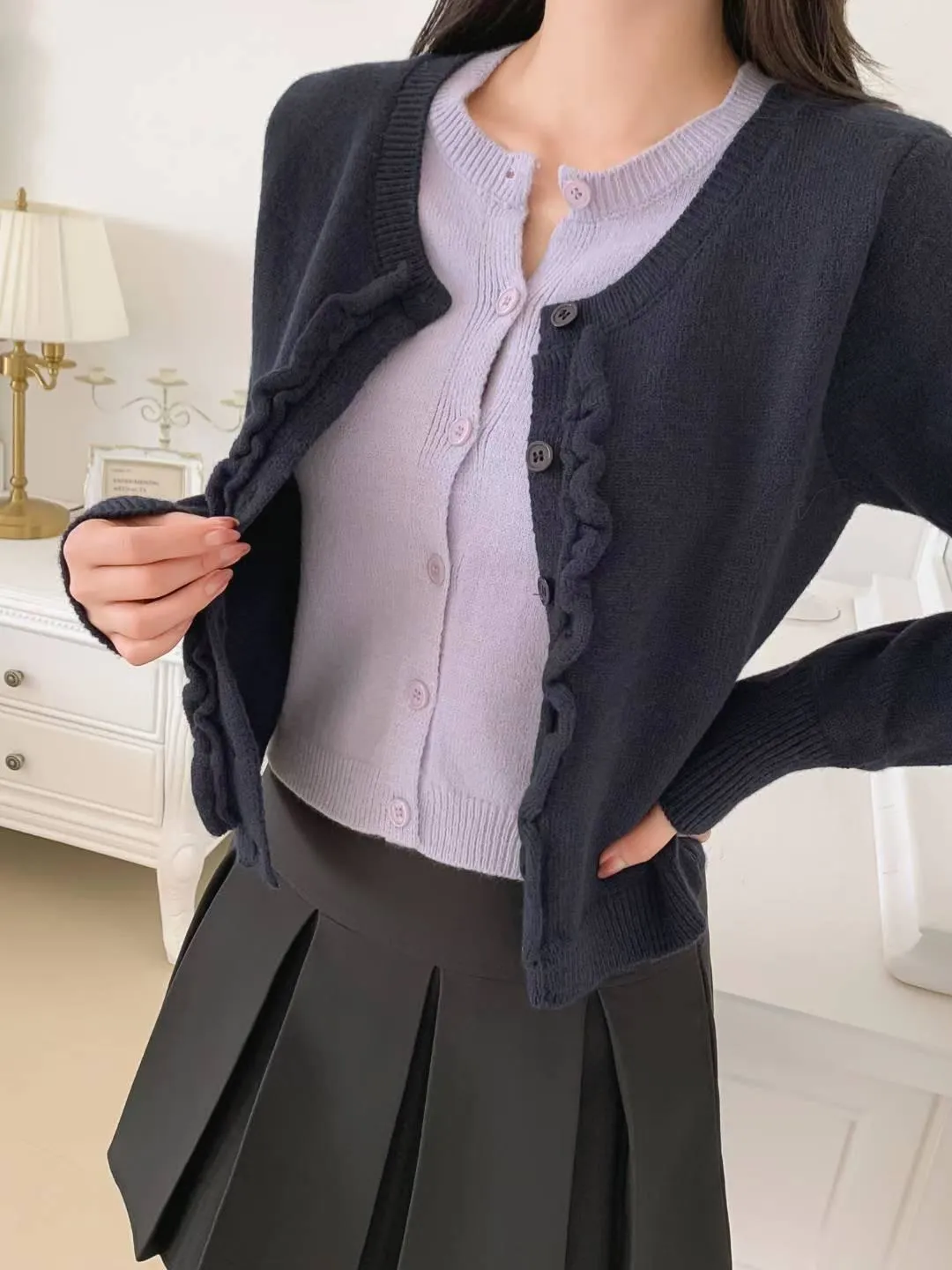 正韓假兩件木耳邊針織上衣