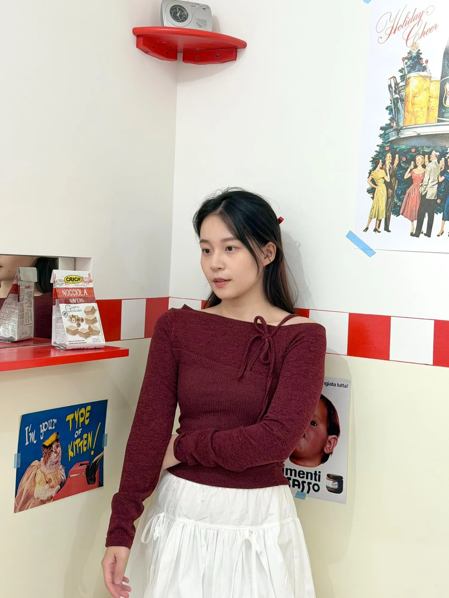 正韓露肩針織假兩件上衣