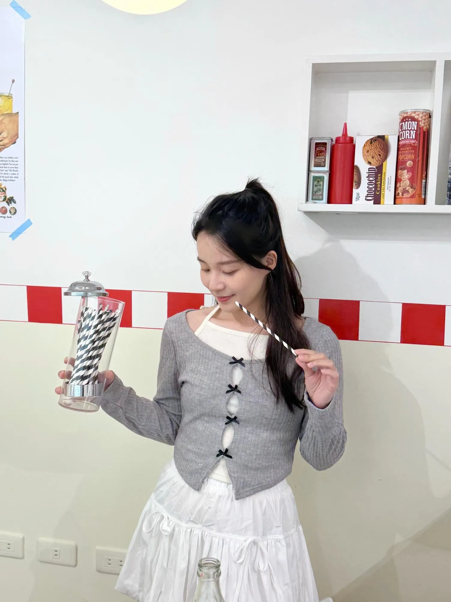 正韓螺紋緞帶長袖假兩件開衫