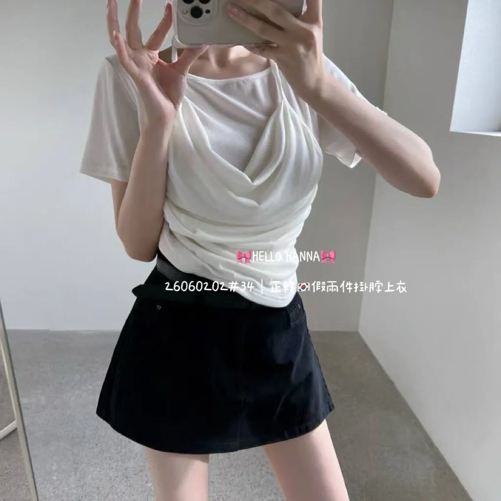 正韓假兩件掛脖上衣
