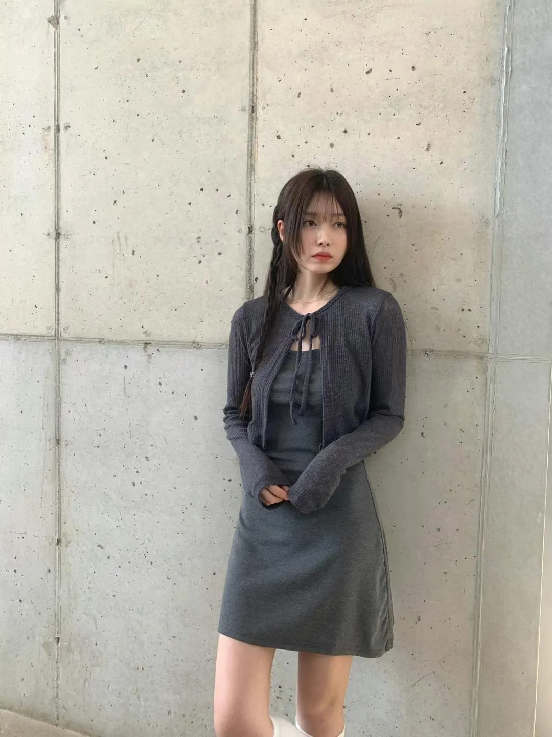 正韓-漂亮的妳繞脖長版背心洋+罩衫set