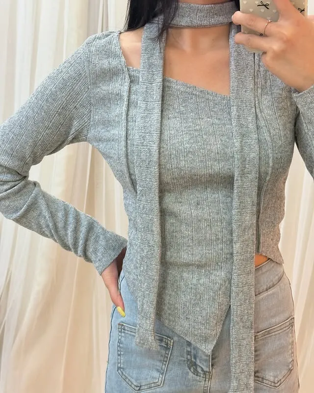 正韓氣質溫柔掛脖不規則下擺上衣