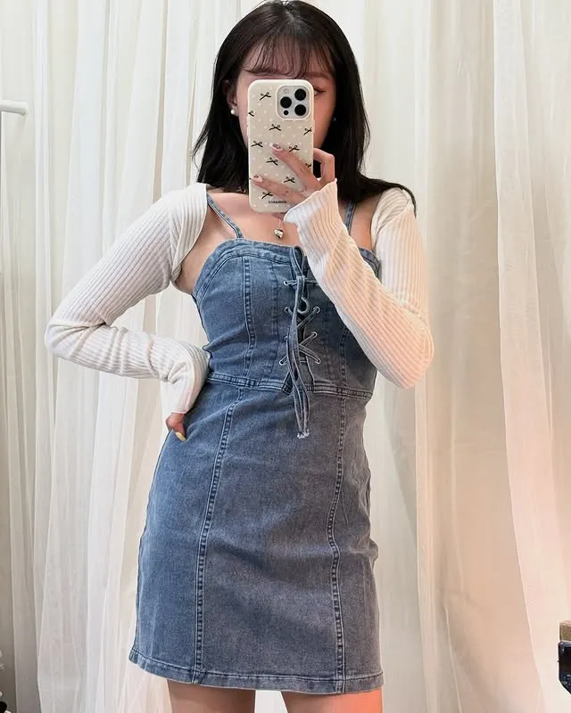 正韓彈力牛仔綁繩洋裝