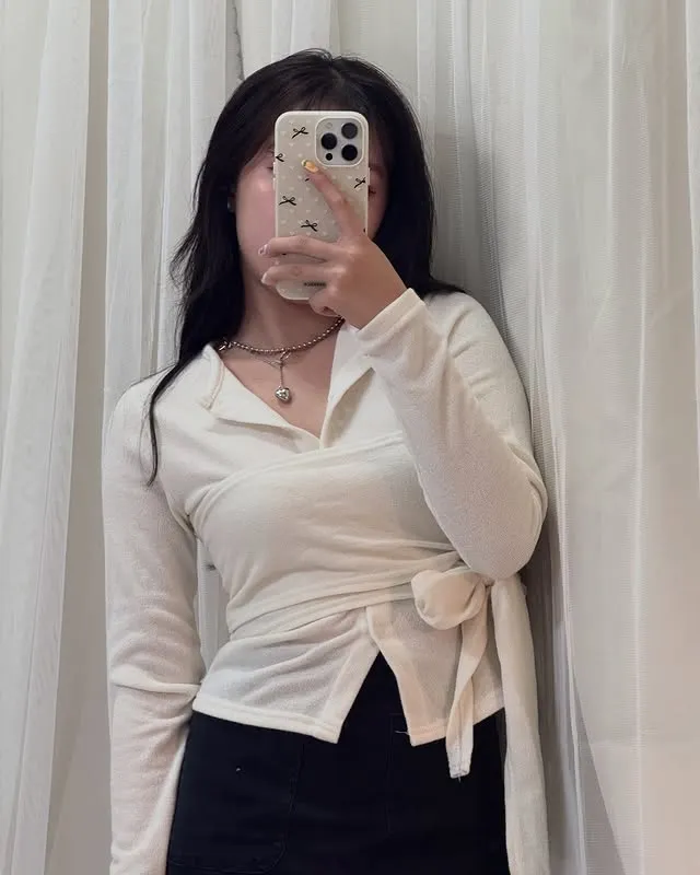 正韓裹身鈕扣緞帶長袖上衣